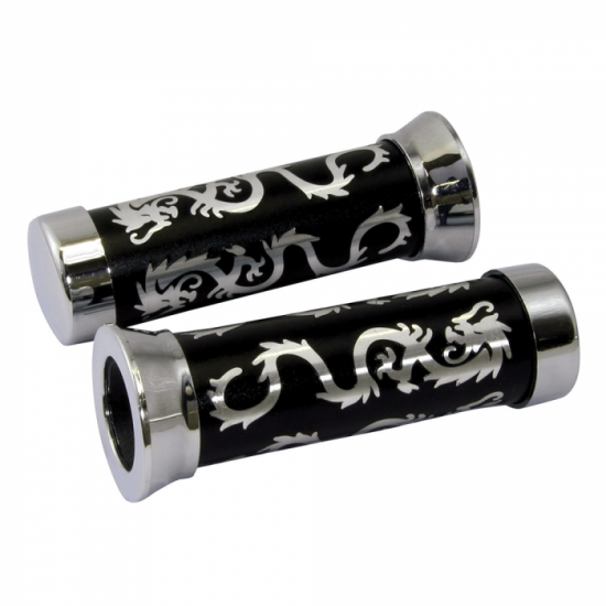 CHROME DRAGON CUSTOM MOTORCYCLE GRIPS 25MM LEFT AND 28MM RIGHT