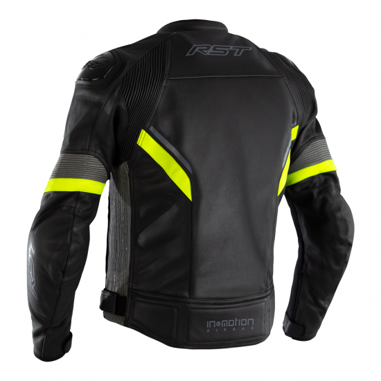 RST SABRE AIRBAG CE MENS LEATHER JACKET BLACK GREY FLO YELLOW